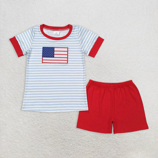 RTS NO MOQ Baby Boys kids Summer Sets BSSO0684 Baby Boys Flag Blue Stripes Shirt 4th Of July Shorts Clothes Sets