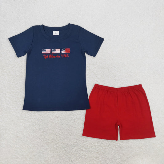 RTS NO MOQ Baby Boys kids Summer Sets BSSO0713 4th Of July Flags Shirt Top Red Shorts Outfits Clothes Sets