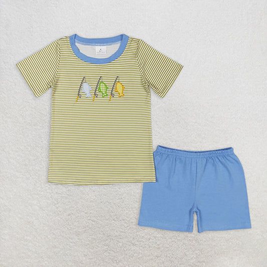 5.15 RTS NO MOQ Baby Boys kids Summer Sets BSSO0732 Stripes Fishing Short Sleeve Tee Shirts Tops Shorts Clothes Sets