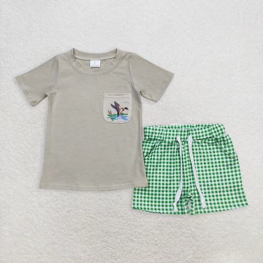 6.11 RTS NO MOQ Baby Boys kids Summer Sets BSSO0734 Ducks Green Shirt Checkered Shorts Clothes Sets