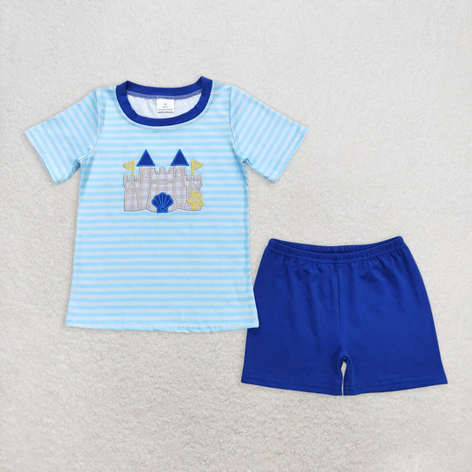 5.26 RTS NO MOQ Baby Boys kids Summer Sets BSSO0747 Blue Stripes Castle Tee Shirts Tops Shorts Clothes Sets