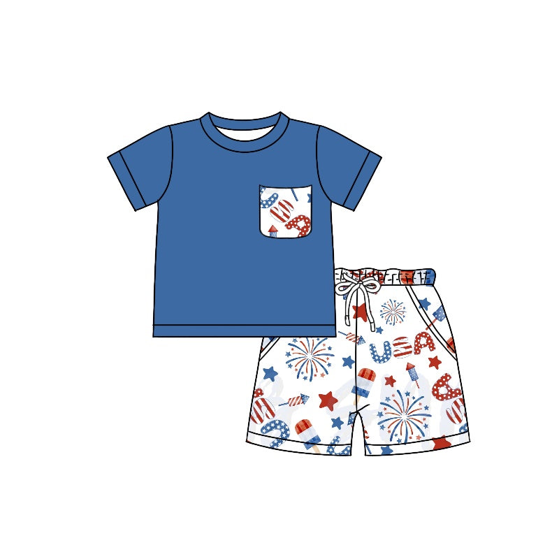 BSSO0766 Blue Boy Clothes Summer Short Sleeve Kid Clothing Set