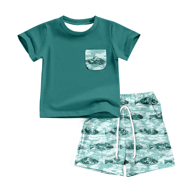 BSSO0838 Blue Fish Cute Kid Clothing Children Shorts Set