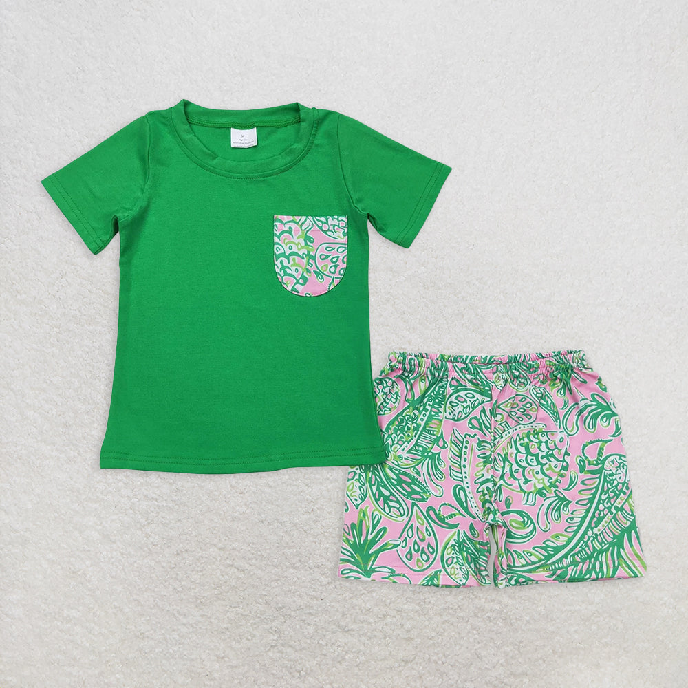 6.2 RTS NO MOQ Baby Boys kids Summer Sets BSSO0839 Green Short Sleeve Tee Shirts Tops Fishes Shorts Clothes Sets