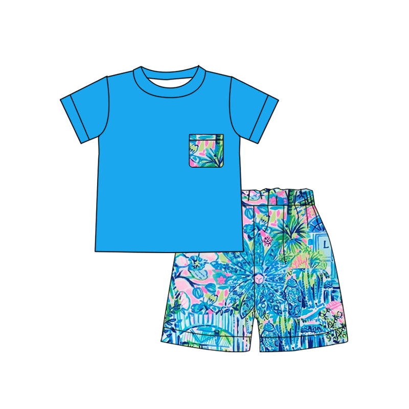 BSSO0840 Blue Cute Kid Clothing Children Shorts 2pcs Set