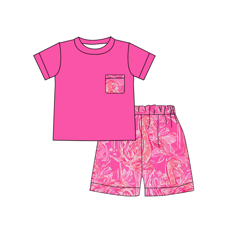 BSSO0840 Rose Red Cute Kid Clothing Children Shorts 2pcs Set