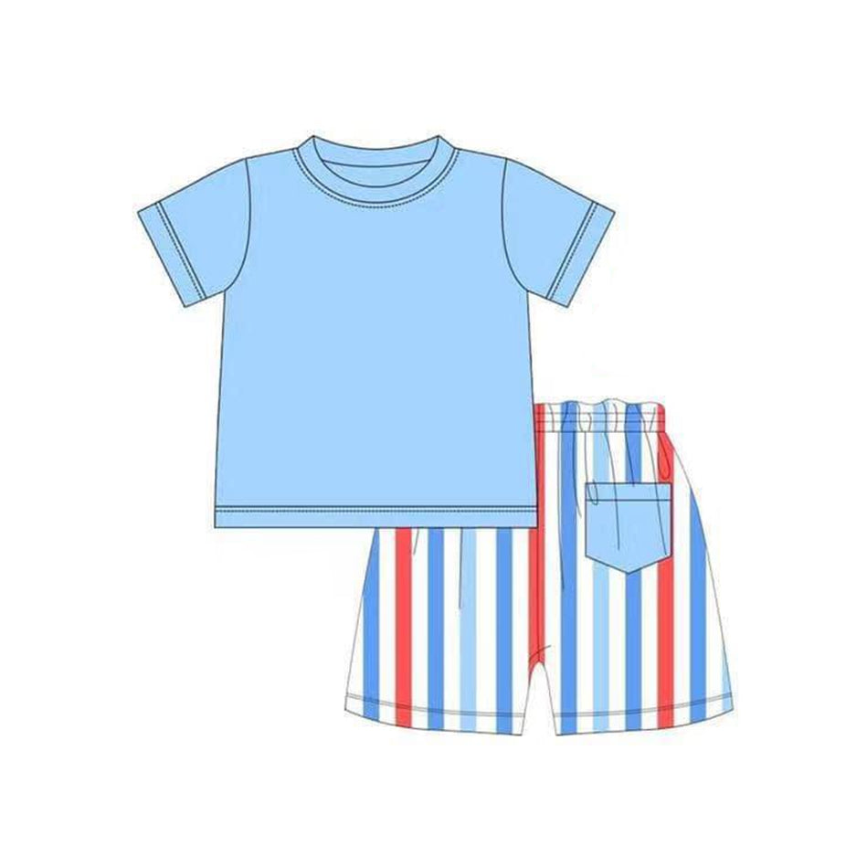 BSSO0843 Blue Stripe Cute Kid Clothing Children Shorts 2pcs Set