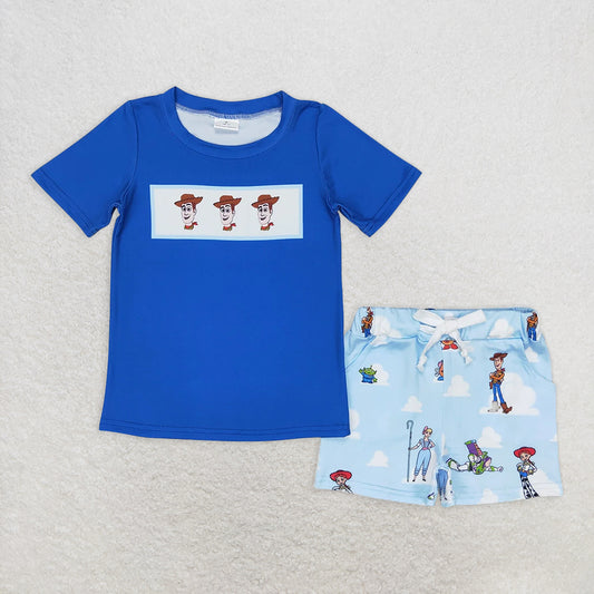 RTS NO MOQ Baby Boys kids Summer Sets BSSO0892 Blue Short Sleeve Tee Shirts Tops Pocket Shorts Clothes Sets