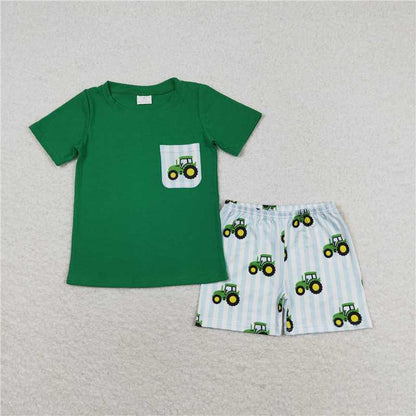 RTS NO MOQ Summer Sibling Baby Girls Boys Tractors Rompers Clothes Sets