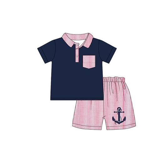 BSSO0905 Navy Blue Boy Clothes Summer Short Sleeve Outfit Kid Clothing Set