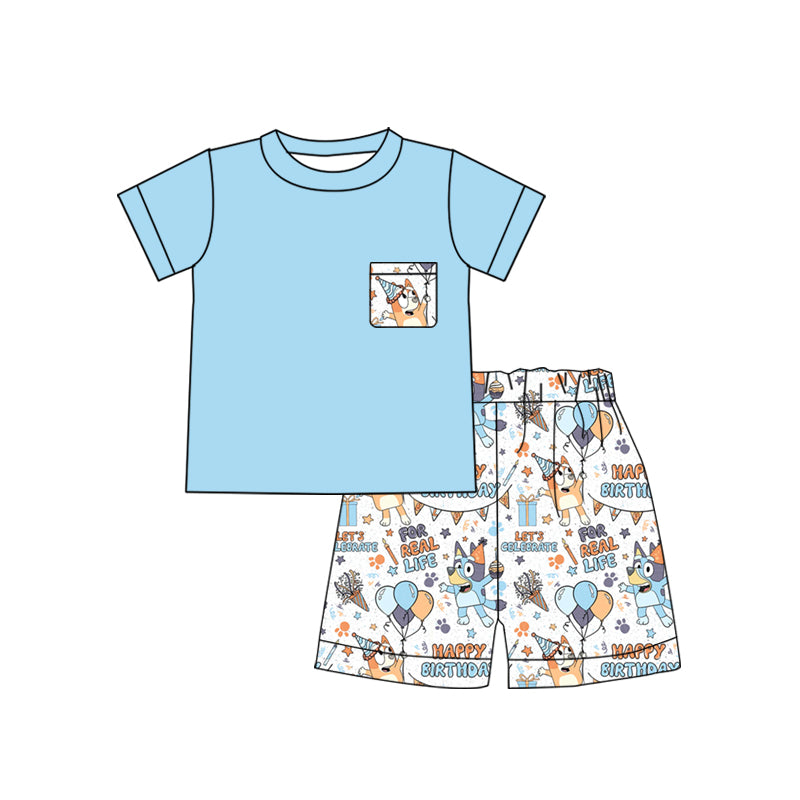 BSSO0907 Blue Dog Boy Clothes Summer Short Sleeve Outfit Kid Clothing Set