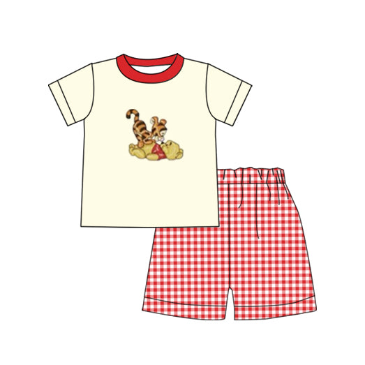 BSSO0939 Plaid Boy Clothes Summer Short Sleeve Kid Clothing Set Boutique Outfits