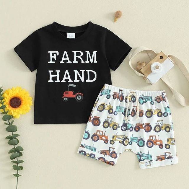 BSSO0942 Farm Boy Clothes Summer Short Sleeve Kid Clothing Set Boutique Outfits