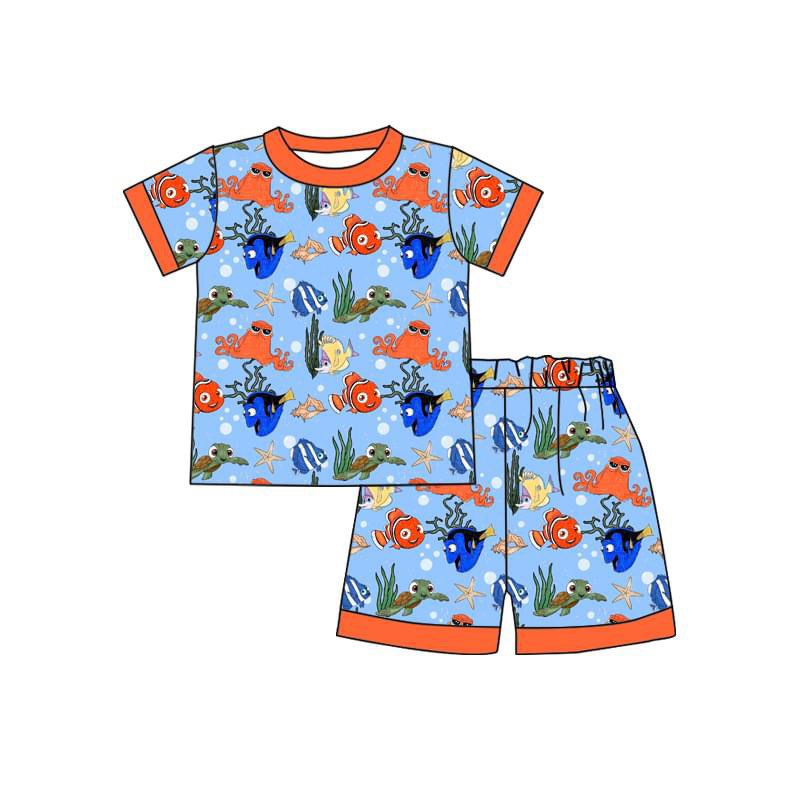 BSSO0945 Fish Boy Clothes Summer Short Sleeve Kid Clothing Set Boutique Outfits