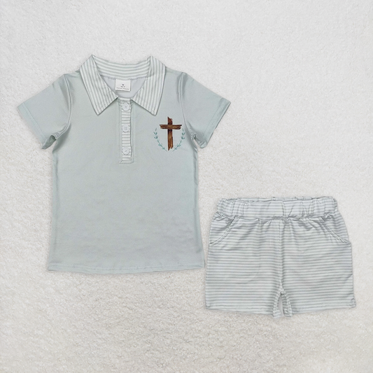 RTS NO MOQ Baby Boys kids Summer Sets BSSO1025 Easter Cross Tee Shorts Clothes Sets