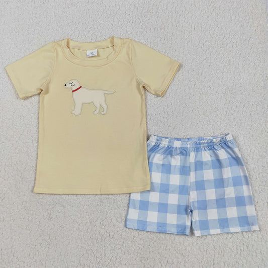 5.16 RTS NO MOQ Baby Boys kids Summer Sets BSSO1058 Yellow Dog Top Checkered Shorts Clothes Sets