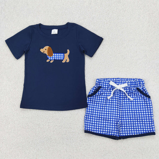 RTS NO MOQ Baby Boys kids Summer Sets BSSO1227 Embroidery Navy Dachshund Shirt Checkered Shorts Clothes Set