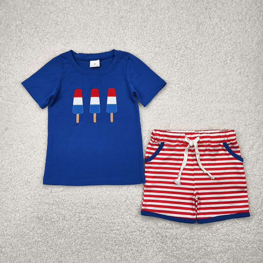 RTS NO MOQ Baby Boys kids Summer Sets BSSO1250 Embroidery 4th Of July Popsicle Shirts Shorts Clothes Sets