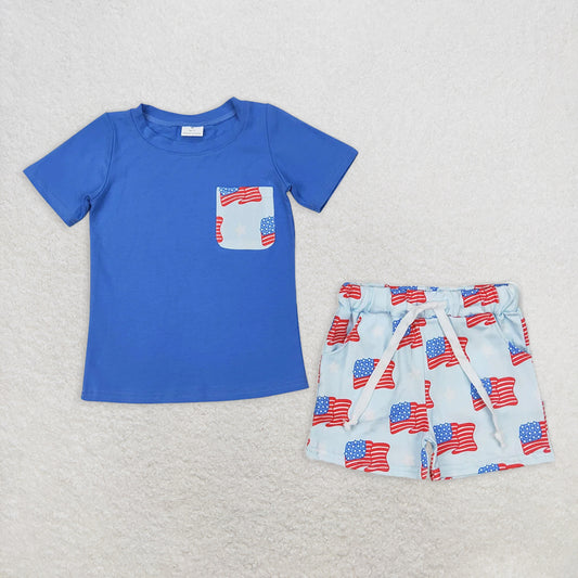 RTS NO MOQ Summer Sibling Boys Baby Girls 4th of July Flags Pocket Shirts Shorts Outfits Knee Length Dresses