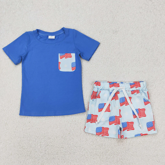 7.7 RTS NO MOQ Summer 2 Colors Sibling Baby Boys 4th of July Flags Pocket Shirts Shorts Outfits