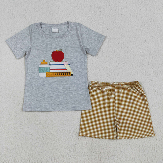 6.23 RTS NO MOQ Baby Boys kids Summer Sets BSSO1281 Apple Back To School Books Shirt Shorts Sets