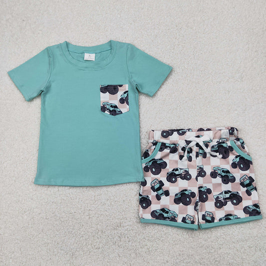RTS NO MOQ Baby Boys kids Summer Sets BSSO1316 Light Green Pocket Top Khaki Trucks Shorts Clothes Sets
