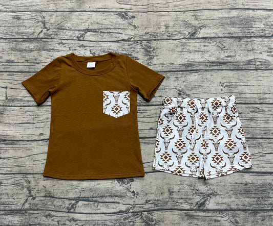 4.18 BSSO1319 Baby Boys Brown Pocket Top Aztec Cow Shorts Clothes Sets Pre order