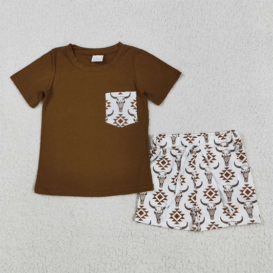 RTS NO MOQ Baby Boys kids Summer Sets BSSO1319 Brown Pocket Top Aztec Cow Shorts Clothes Sets