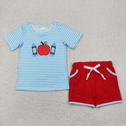 RTS NO MOQ Baby Boys kids Summer Sets BSSO1328 Back To School Pencils Blue Top Shorts Clothes Sets