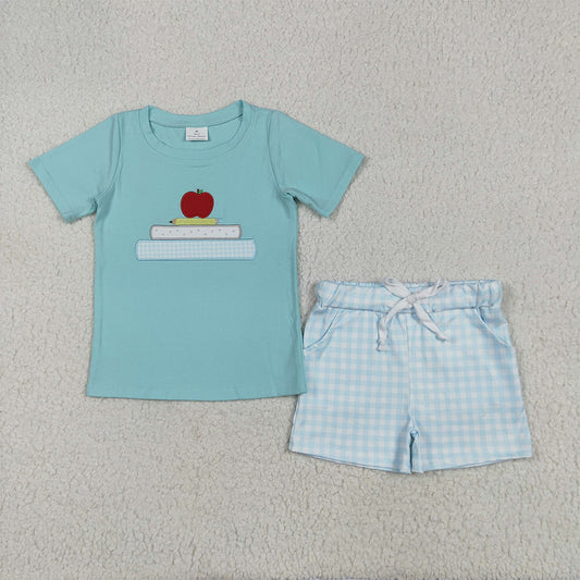 6.10 RTS NO MOQ Baby Boys kids Summer Sets BSSO1329 Embroidery Apple Pencil Top Pockets Shorts Back To School Clothes Sets