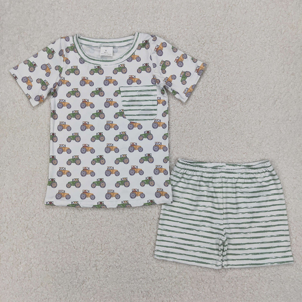 RTS NO MOQ Baby Boys kids Summer Sets BSSO1354 Farm Trucks Pocket Shirt Top Tee Shorts Clothes Sets