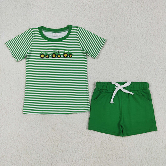 6.12 RTS NO MOQ Baby Boys kids Summer Sets BSSO1374 Green Farm Trucks Tops Pockets Shorts Clothes Sets