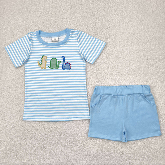 RTS NO MOQ Baby Boys kids Summer Sets BSSO1375 Embroidery Blue Dinosaurs Shirt Tops Shorts Clothes Sets