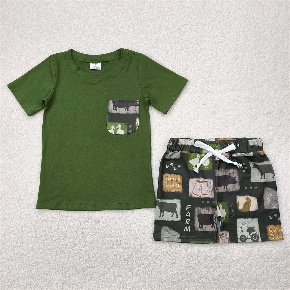 RTS NO MOQ Baby Boys kids Summer Sets BSSO1390 Western Cow Farm Pocket Shirt Shorts Clothes Sets