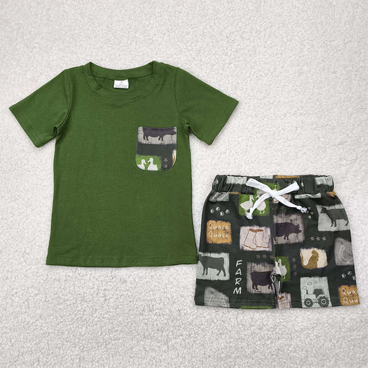 RTS NO MOQ Baby Boys kids Summer Sets BSSO1390 Western Cow Farm Pocket Shirt Shorts Clothes Sets