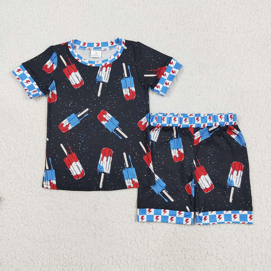 5.19 RTS NO MOQ Baby Boys kids Summer Sets BSSO1401 Black Short Sleeves Popsicle Shirt Shorts 4th Of July Pajamas Sets