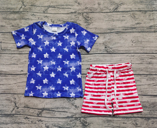 3.31 BSSO1405 Baby Boys Blue Short Sleeves Stars Shirt Red Stripe Shorts 4th Of July Sets pre order