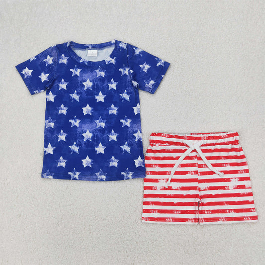 RTS NO MOQ Baby Boys kids Summer Sets BSSO1405 Blue Short Sleeves Stars Shirt Red Stripe Shorts 4th Of July Sets