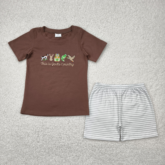 RTS NO MOQ Baby Boys kids Summer Sets BSSO1410 Embroidery Brown Gods Country Shirt Stripe Shorts Sets