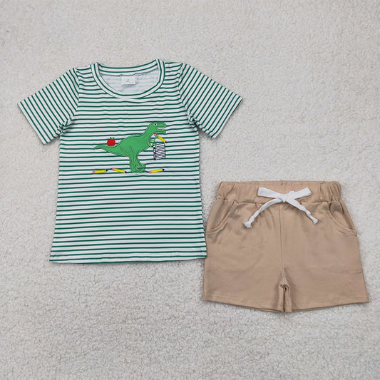 RTS NO MOQ Baby Boys kids Summer Sets BSSO1416 Embroidery Green Stripe Dinosaur Top Gray Pockets Short Clothes Sets