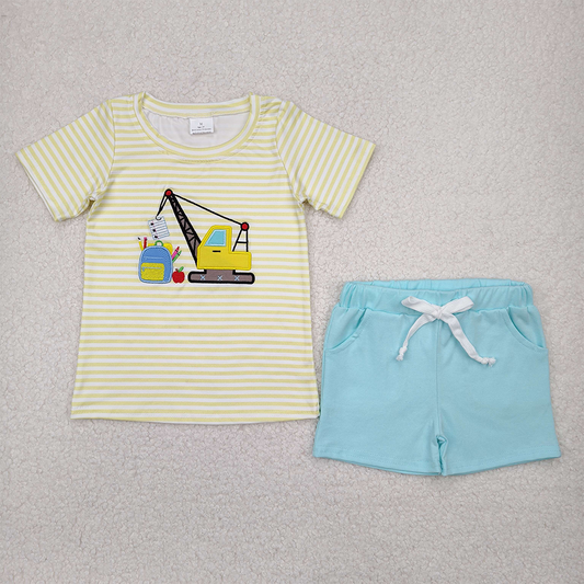 RTS NO MOQ Baby Boys kids Summer Sets BSSO1417 Embroidery Back To School Excavator Shirts Top Blue Pockets Shorts Sets
