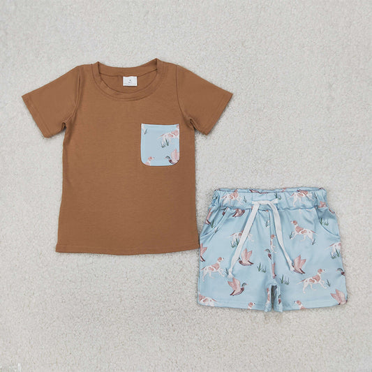 RTS NO MOQ Summer Sibling  Baby Girls Boys Khaki Pocket Top Duck Dog Shorts Clothing Set