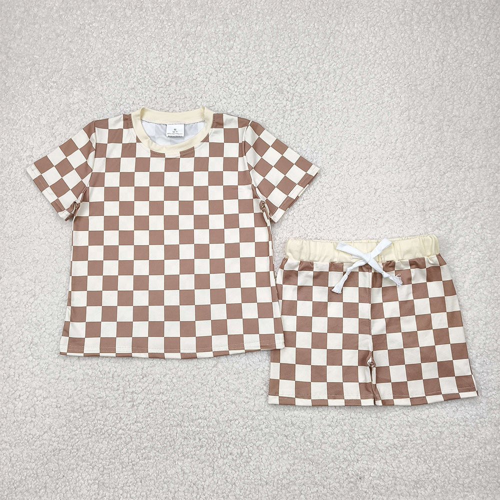 RTS NO MOQ Baby Boys kids Summer Sets BSSO1422 Khaki Plaid Short Sleeves Top Short Pajamas Sets