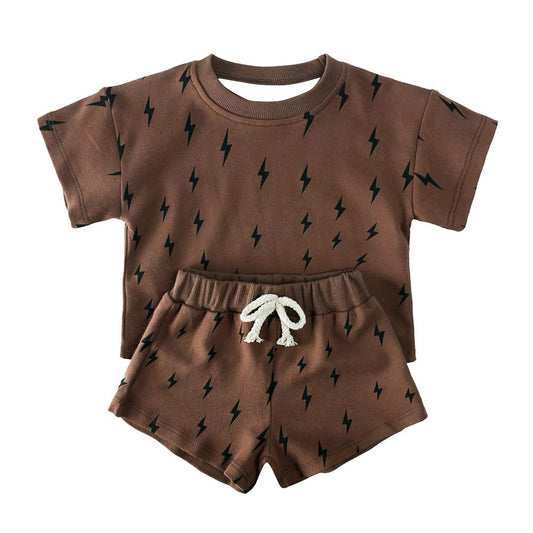 4.15 BSSO1425 Baby Boys Dark Brown Short Sleeves Lightning Top Short Pajamas Set Pre order