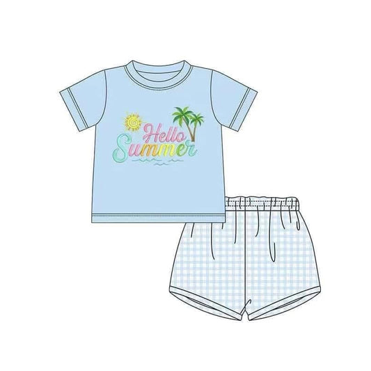 4.15 BSSO1428 Baby Boys Blue Short Sleeves Beach Top Plaid Short Set Pre order