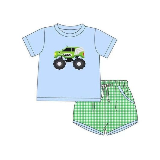 4.15 BSSO1429 Baby Boys Blue Short Sleeves Truck Motor Top Green Plaid Pockets Short Set Pre order