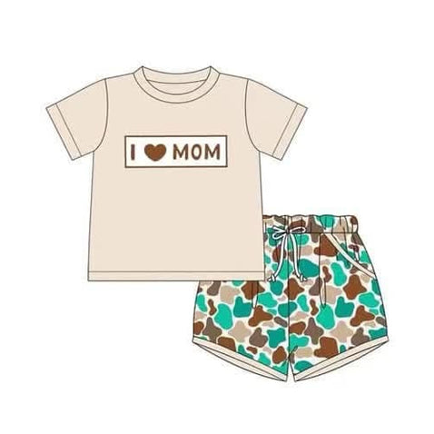 4.15 BSSO1431 Baby Boys Peach Short Sleeves I LOVE MOM Top Colorful Camo Pockets Short Set Pre order