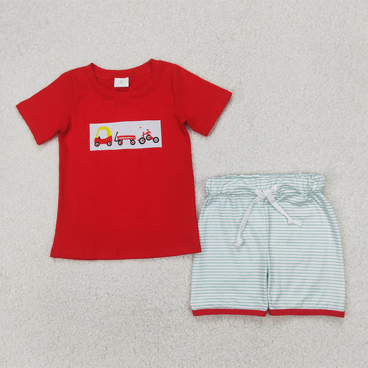 RTS NO MOQ Baby Boys kids Summer Sets BSSO1432 Embroidery Red Trucks Top Blue Stripe Shorts Sets