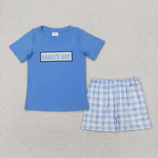 RTS NO MOQ Baby Boys kids Summer Sets BSSO1433 Embroidery  Blue Short Sleeves DADDY'S BOY Top Plaid Shorts Sets
