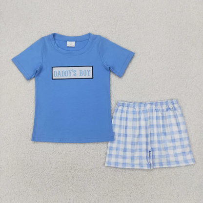 RTS NO MOQ Summer Sibling Baby Girls Boys Blue Embroidery DADDY'S BOY GIRL Top Plaid Shorts Sets